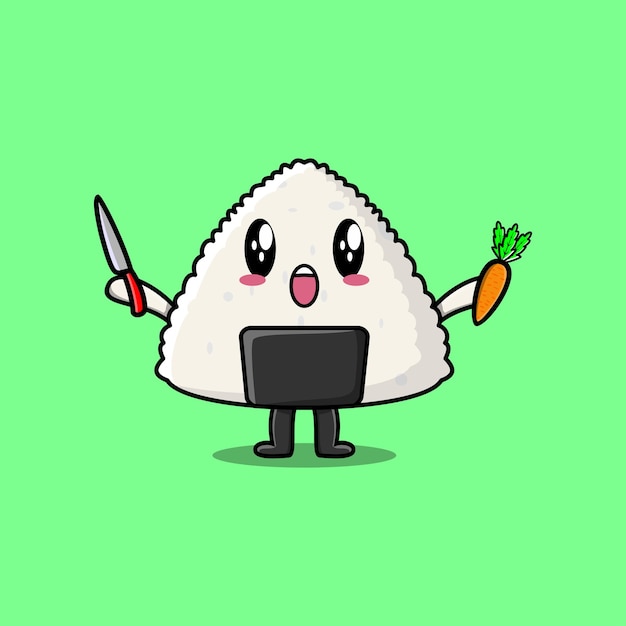 Lindo personaje de sushi japonés de arroz de dibujos animados con cuchillo y zanahoria en un diseño de estilo moderno