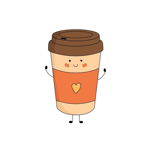 Lindo personaje de taza de café de papel con cara sonriente, manos y piernas. Mascota de divertidos dibujos animados feliz