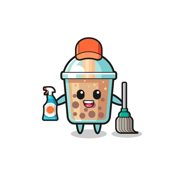 Lindo personaje de té de burbujas como mascota de servicios de limpieza lindo diseño