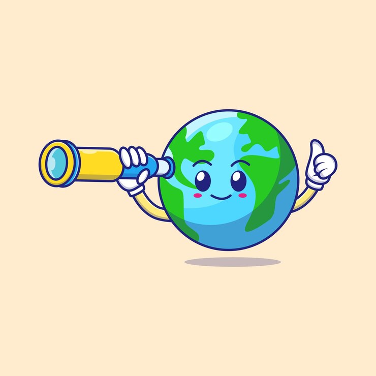 El lindo personaje de la Tierra usando un telescopio para la exploración y el descubrimiento