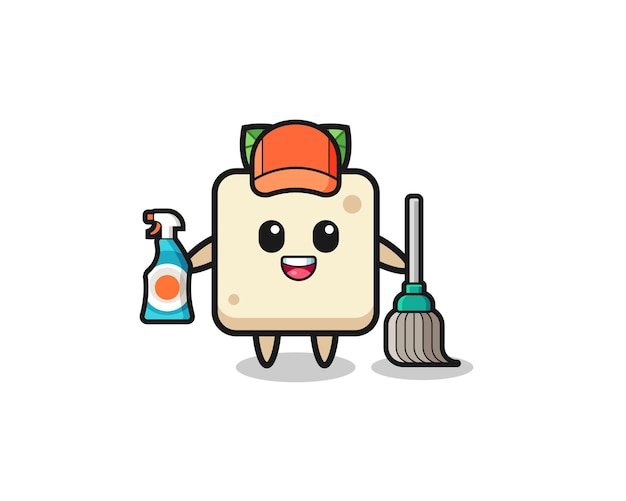 Lindo personaje de tofu como mascota de servicios de limpieza, lindo diseño