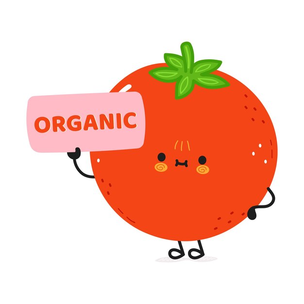 Lindo personaje de tomate divertido con cartel orgánico