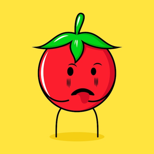 lindo personaje de tomate con expresión repugnante y lengua fuera. verde, rojo y amarillo