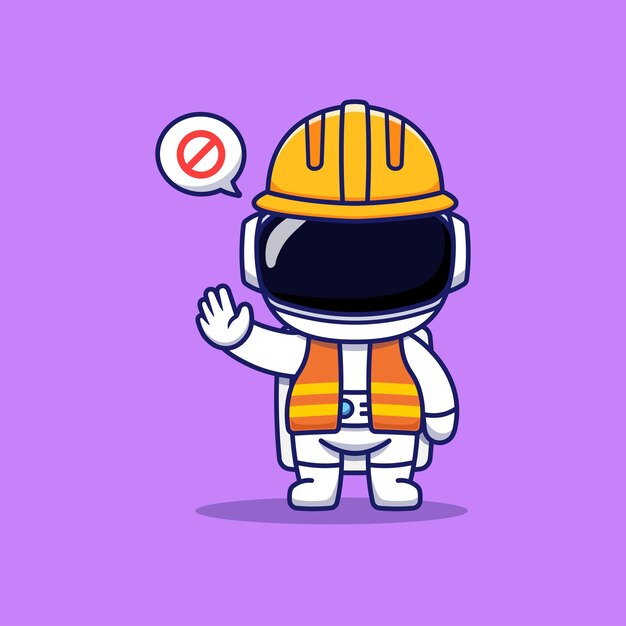 Lindo personaje trabajador astronauta gesticulando un formulario de prohibición