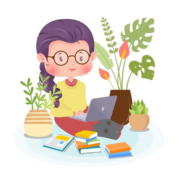 Lindo personaje trabajando desde casa estudiando botánica con libros