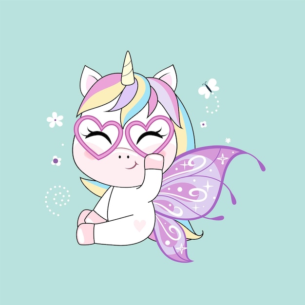 Vector lindo personaje de unicornio con alas de mariposa sobre fondo verde.