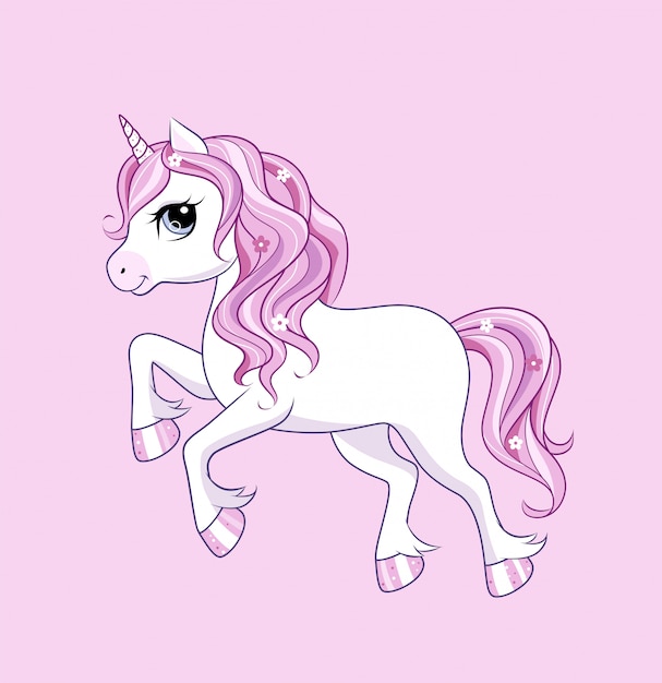 Lindo personaje de unicornio en el espacio rosa. Vector.