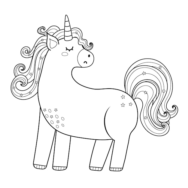 Vector lindo personaje de unicornio mágico en blanco y negro hermoso animal de cuento de hadas en contorno pequeño pony