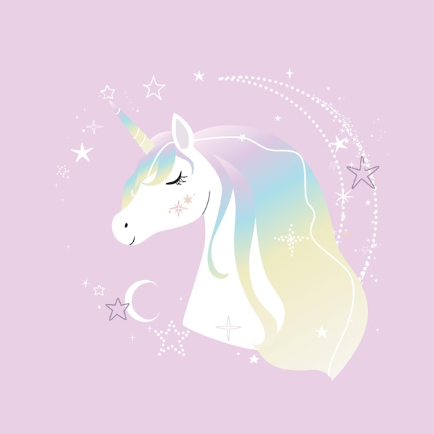 Vector lindo personaje de unicornio con pelo de arco iris sobre fondo rosa