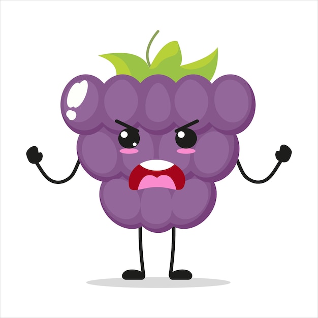 Lindo personaje de uva enojado Divertido emoticono de dibujos animados de uva furiosa en estilo plano Vector de emoji de fruta