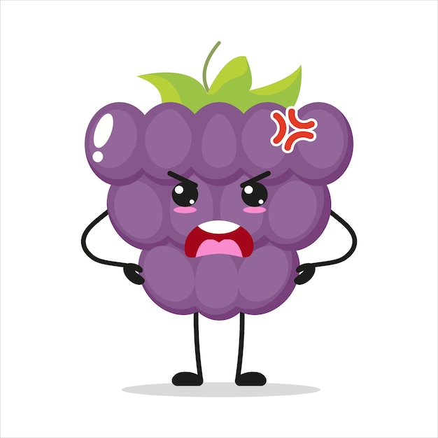 Lindo personaje de uva enojado Ilustración de vector de dibujos animados de fruta de uva loca divertida emoticono en estilo plano
