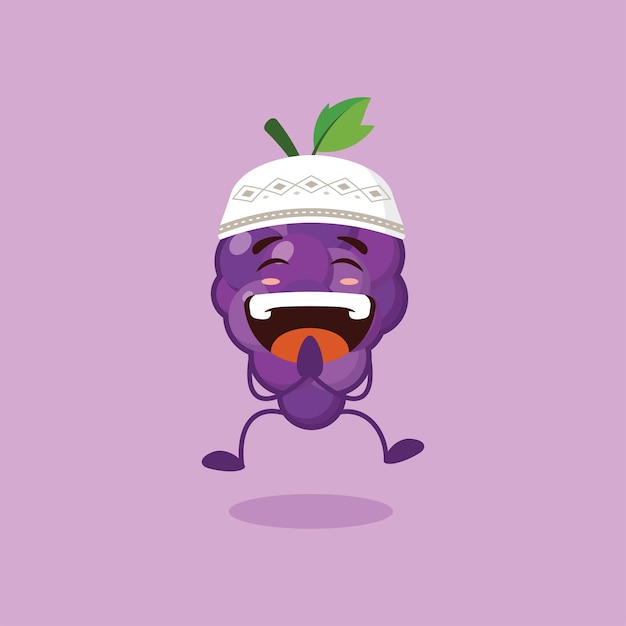 El lindo personaje de la uva está tan emocionado que salta y da una pose de saludo con un peci blanco