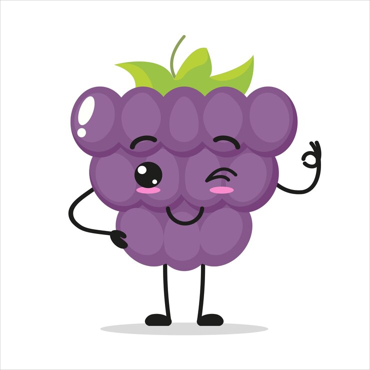 Vector lindo personaje de uva feliz divertido sonriente y guiño emoticono de vector de dibujos animados de uva en estilo plano