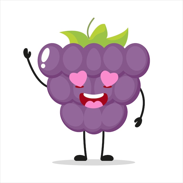 Lindo personaje de uva feliz emoticon de dibujos animados de uva de enamoramiento divertido en estilo plano