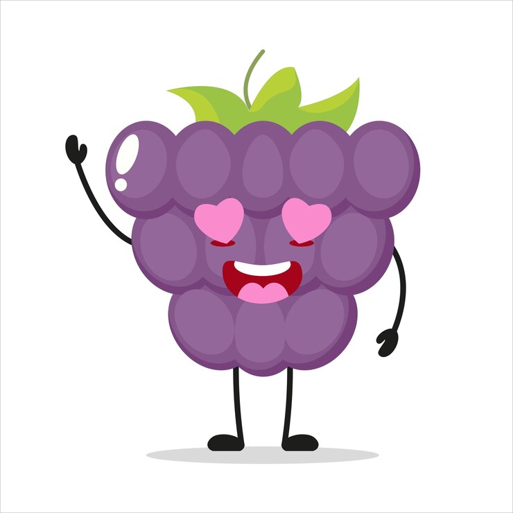 Vector lindo personaje de uva feliz emoticon de dibujos animados de uva de enamoramiento divertido en estilo plano