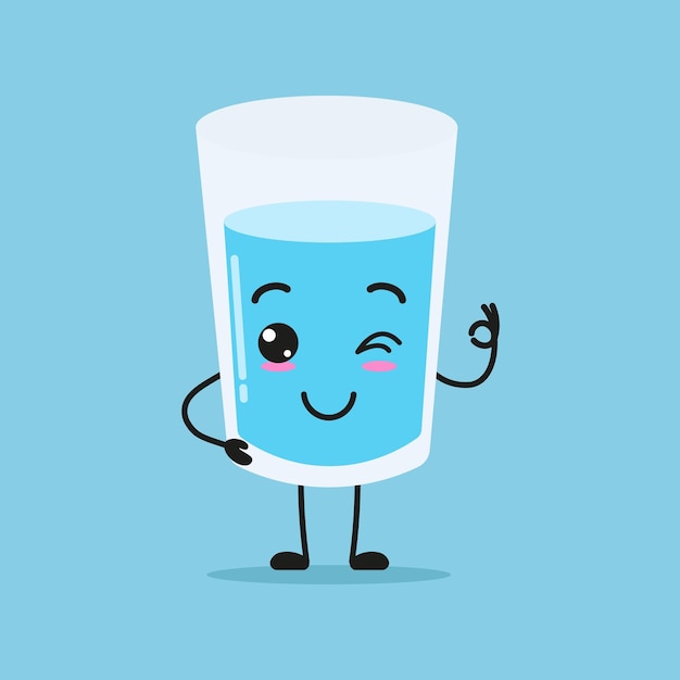Lindo personaje de vaso de agua feliz Divertido emoticono de dibujos animados de vidrio sonriente y parpadeante en estilo plano