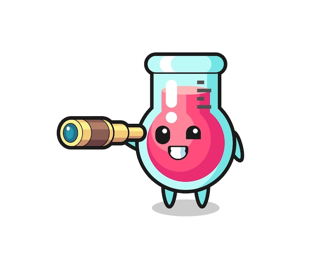 Lindo personaje de vaso de laboratorio sostiene un viejo telescopio, diseño de estilo lindo para camiseta, pegatina, elemento de logotipo