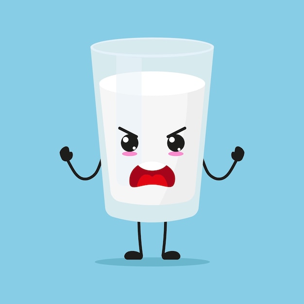 Vector lindo personaje de vaso de leche enojado emoticon de dibujos animados de leche loca en el vector de emoticones lácteos de estilo plano