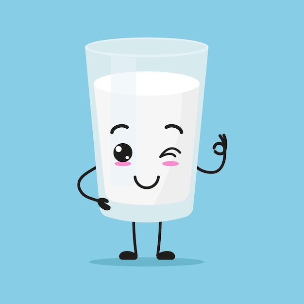 Lindo personaje de vaso de leche feliz Sonriente divertido y parpadeante emoticono de dibujos animados de leche en estilo plano