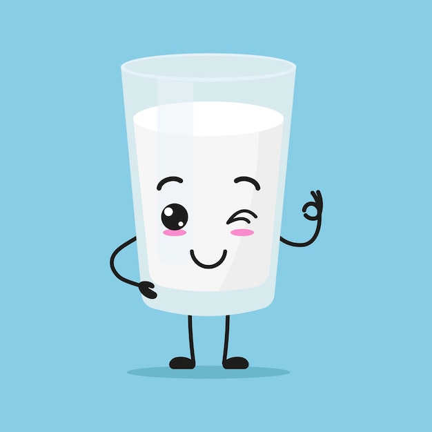 Vector lindo personaje de vaso de leche feliz sonriente divertido y parpadeante emoticono de dibujos animados de leche en estilo plano