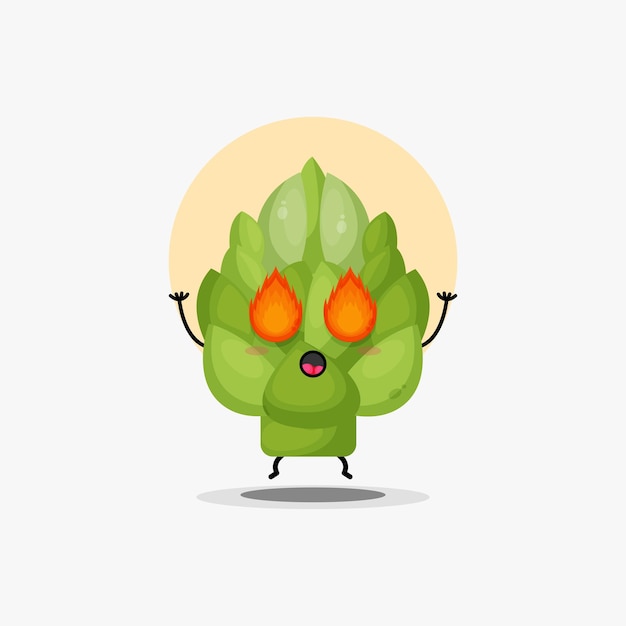 Lindo personaje vegetal de alcachofa con ojos que emiten fuego