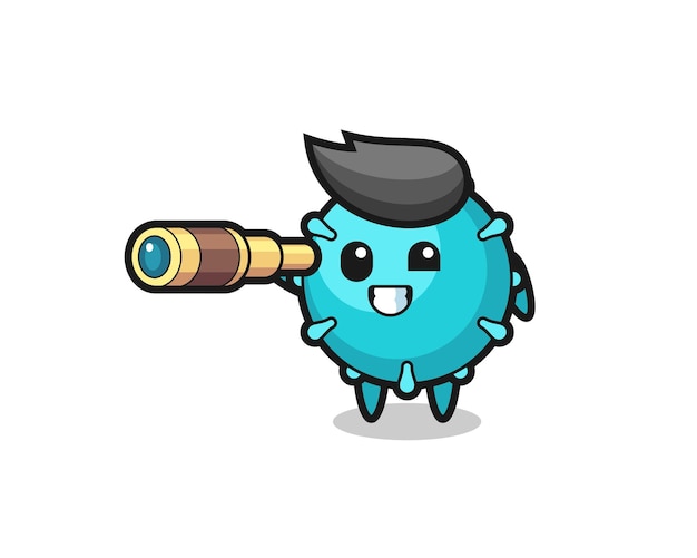 Lindo personaje de virus sostiene un viejo telescopio, diseño de estilo lindo para camiseta, pegatina, elemento de logotipo