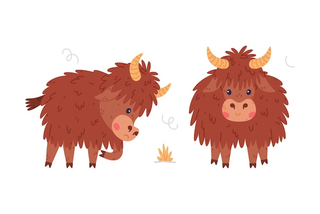 Lindo personaje de yak con pelaje denso y cuernos Conjunto de vectores de pie