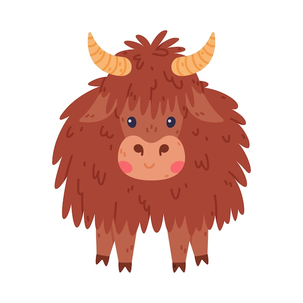 Lindo personaje de yak con pelaje denso y cuernos en ilustración vectorial de postura de pie