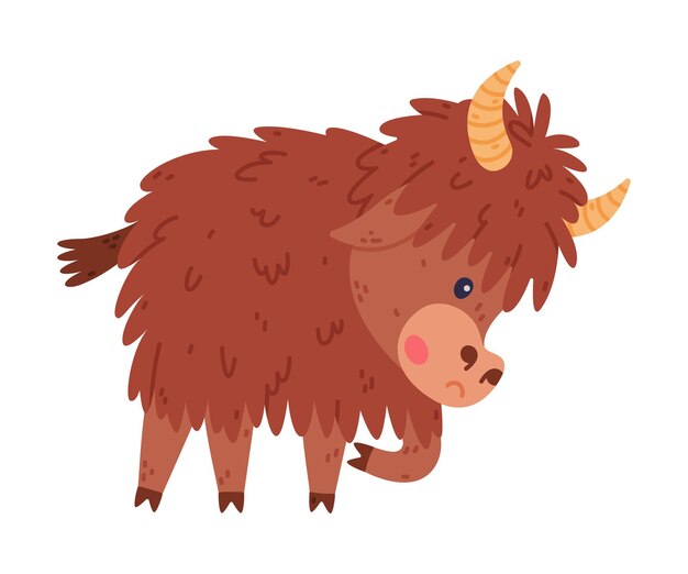 Lindo personaje de yak con pelaje denso y cuernos de pie y pisa ilustración vectorial