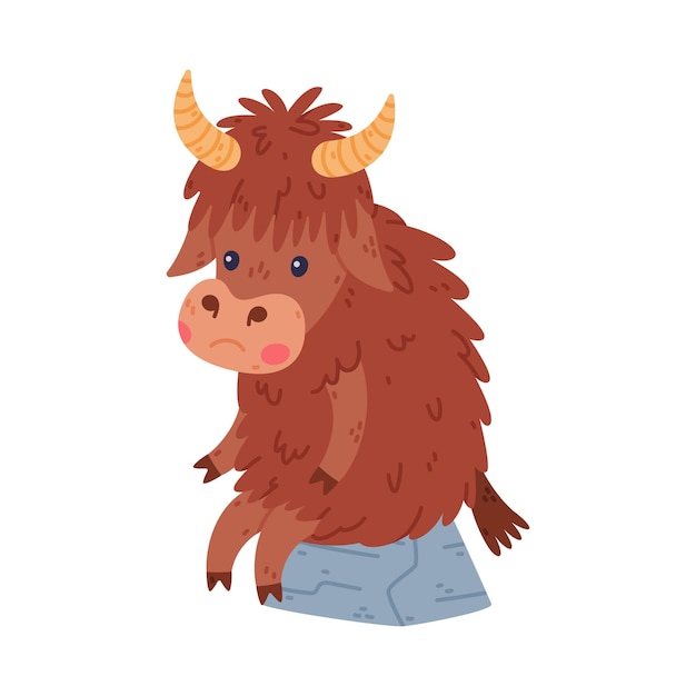Lindo personaje de yak con pelaje denso y cuernos sentado en piedra con ilustración vectorial de cara triste
