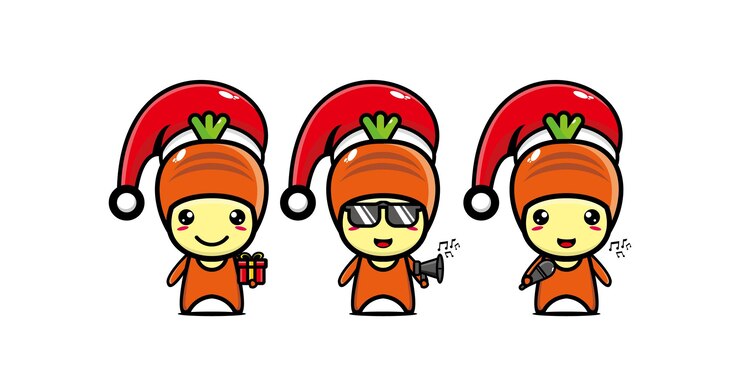 Vector lindo personaje de zanahoria divertido en gorro de navidad personaje de dibujos animados kawaii de línea plana vectorial