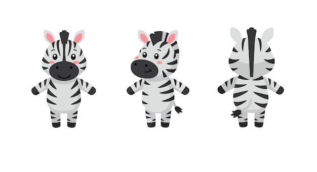 Lindo personaje de zebra de dibujos animados en diseño plano con expresiones lúdicas ilustración vectorial