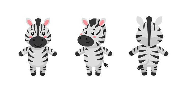 Vector lindo personaje de zebra de dibujos animados en diseño plano con expresiones lúdicas ilustración vectorial