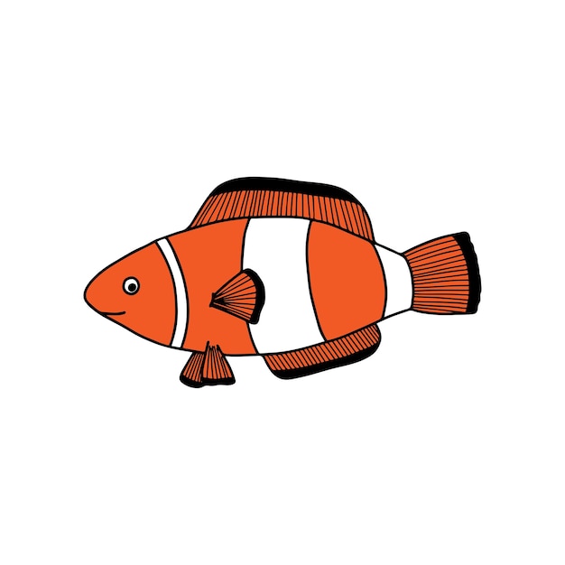 El lindo pez payaso de dibujos animados sobre un fondo blanco Ilustración vectorial infantil en estilo doodle