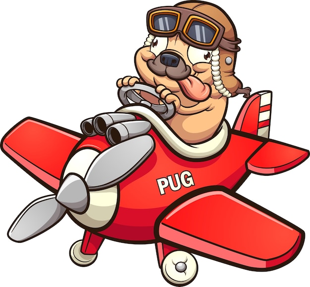 lindo piloto pug volando un pequeño avión de juguete rojo