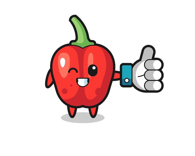 Lindo pimiento rojo con símbolo de pulgar hacia arriba en las redes sociales, diseño de estilo lindo para camiseta, pegatina, elemento de logotipo