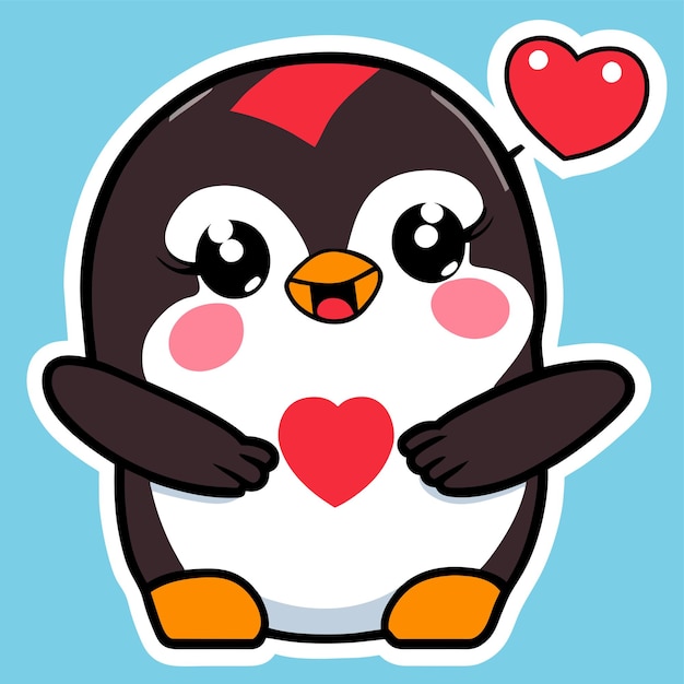 Lindo pingüino amor corazón signo dibujado a mano dibujos animados pegatina icono concepto aislado ilustración