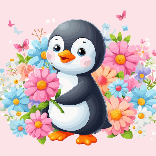 Lindo pingüino amplificador de flores dibujos animados estilo vectorial