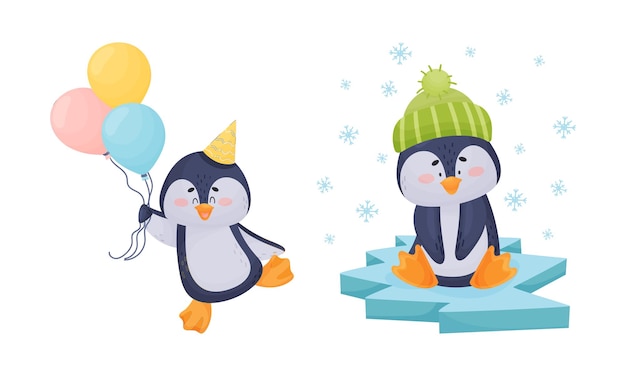 Lindo pingüino animal ártico que lleva un montón de globos y se sienta en la placa de hielo