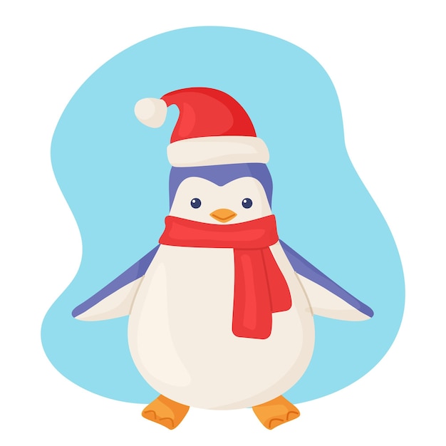 Lindo pingüino ártico con sombrero de Navidad en estilo de dibujos animados