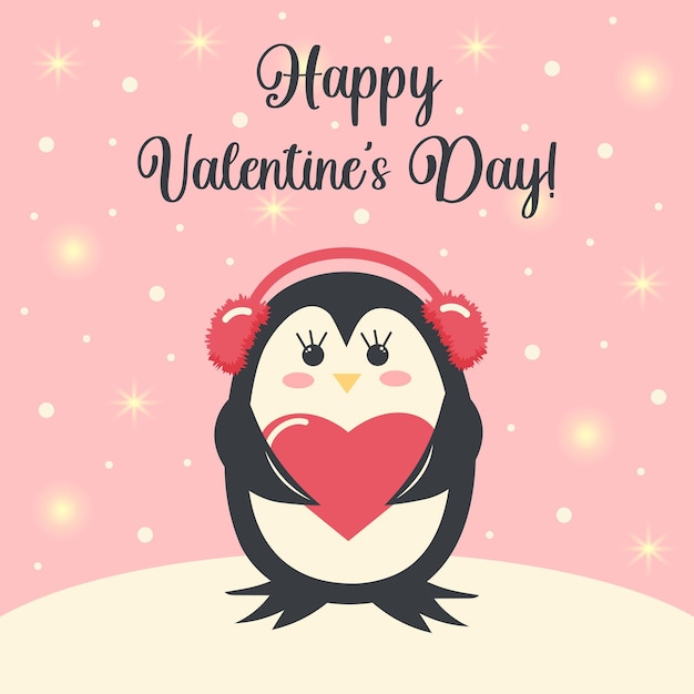 Lindo pingüino en auriculares de invierno sostiene un corazón Letras de feliz día de San Valentín