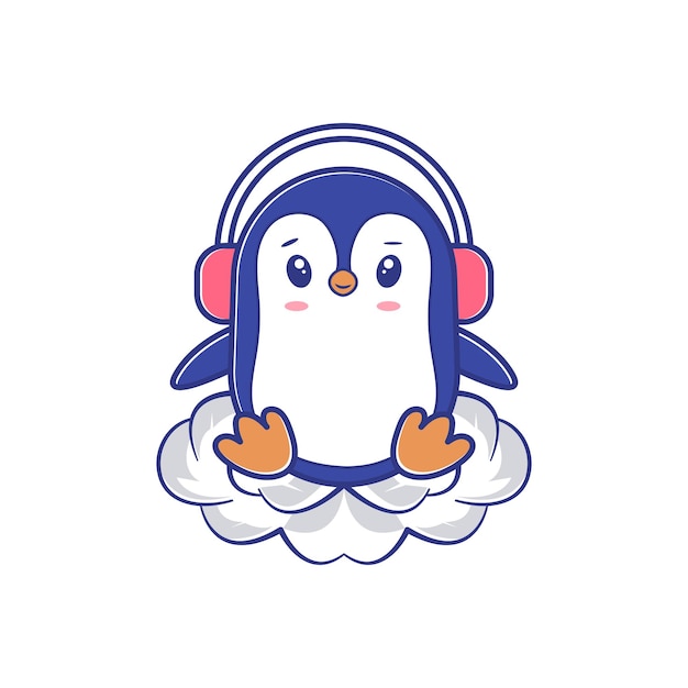 Lindo pingüino con auriculares y sentado en la nube