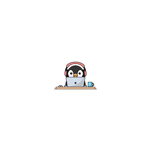 Lindo pingüino con auriculares trabajando en una computadora portátil