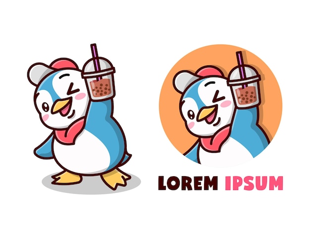 Lindo pingüino azul trae un logotipo de dibujos animados de boba drink