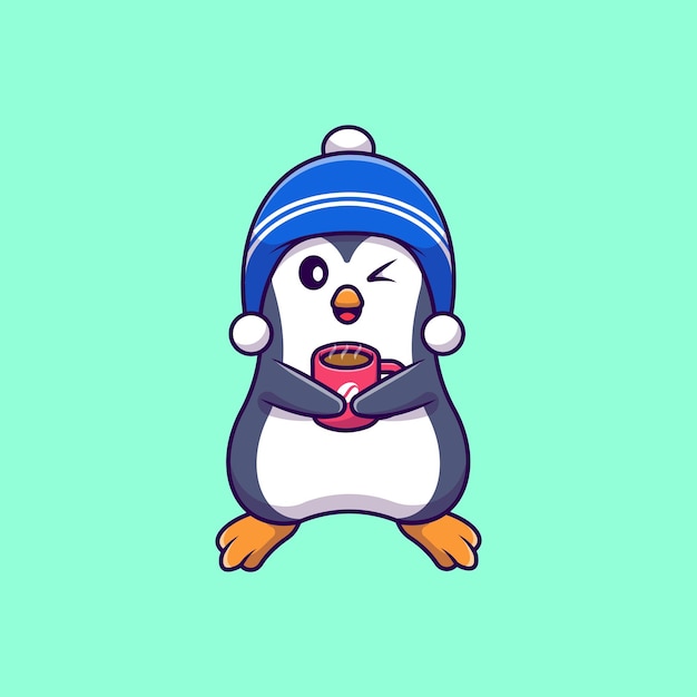 Lindo pingüino bebiendo café dibujos animados vector iconos ilustración.