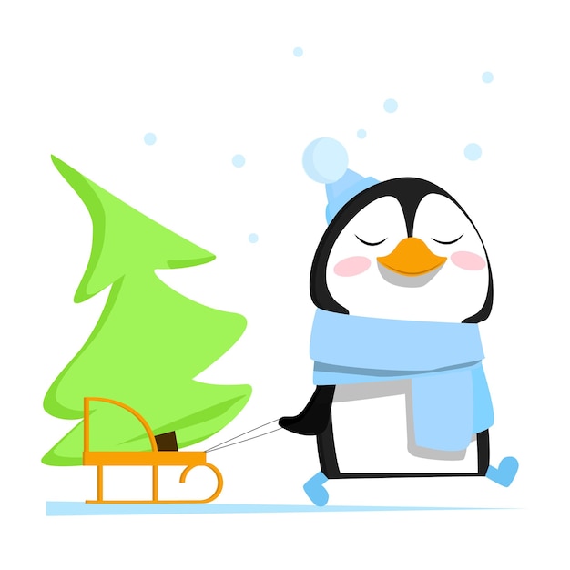 Un lindo pingüino con bufanda y botas lleva un árbol de navidad en un trineo