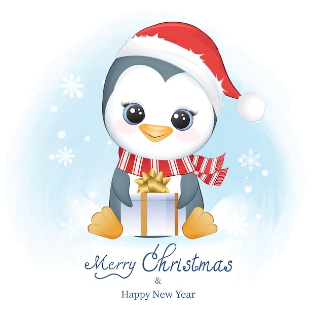 Lindo pingüino y caja de regalo en invierno Navidad ilustración