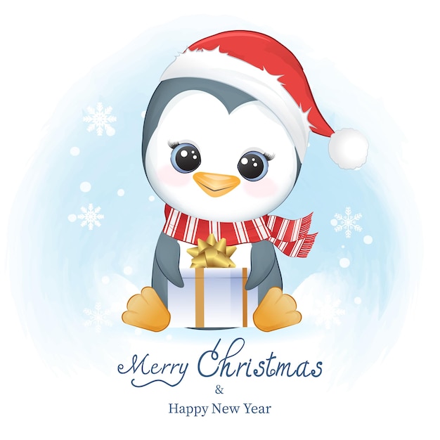 Lindo pingüino y caja de regalo en invierno navidad ilustración