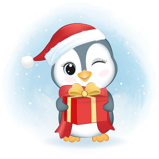 Lindo pingüino y caja de regalo temporada navideña
