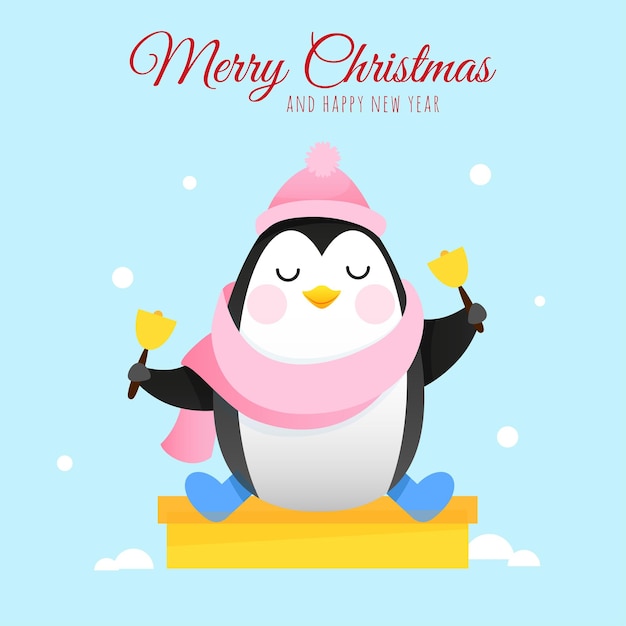 Vector lindo pingüino con campanas de navidad